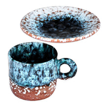 Load image into Gallery viewer, Handcrafted Blue and Brown Ceramic Cup and Saucer - Blue Coffee Breeze | NOVICA