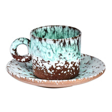 Load image into Gallery viewer, Handcrafted Aqua and Brown Ceramic Cup and Saucer - Aqua Coffee Breeze | NOVICA