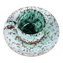 Load image into Gallery viewer, Handcrafted Aqua and Brown Ceramic Cup and Saucer - Aqua Coffee Breeze | NOVICA