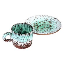 Load image into Gallery viewer, Handcrafted Aqua and Brown Ceramic Cup and Saucer - Aqua Coffee Breeze | NOVICA
