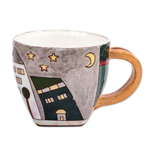 Load image into Gallery viewer, Cityscape-Themed Whimsical Green and Grey Ceramic Mug - Starry Urbanism | NOVICA