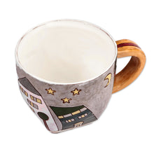 Load image into Gallery viewer, Cityscape-Themed Whimsical Green and Grey Ceramic Mug - Starry Urbanism | NOVICA