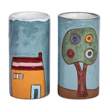 Load image into Gallery viewer, Set of 2 Painted Naïf Urbanscape-Themed Ceramic Shot Glasses - Urban Elixir | NOVICA
