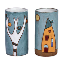 Load image into Gallery viewer, Set of 2 Painted Naïf Urbanscape-Themed Ceramic Shot Glasses - Urban Elixir | NOVICA