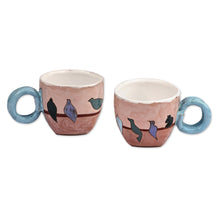 Load image into Gallery viewer, Hand-Painted Bird-Themed Blue and Brown Ceramic Mugs (Pair) - Singing Birds | NOVICA