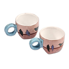 Load image into Gallery viewer, Hand-Painted Bird-Themed Blue and Brown Ceramic Mugs (Pair) - Singing Birds | NOVICA