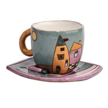 Load image into Gallery viewer, Hand-Painted Naïf Urbanscape-Themed Ceramic Cup and Saucer - Urban Elixir | NOVICA