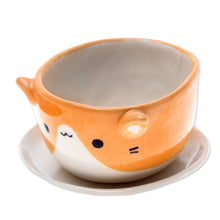 Load image into Gallery viewer, Ceramic Cat Mini Flower Pot with Saucer in Ivory and Orange - Kitty Energy | NOVICA