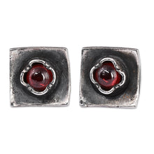 Load image into Gallery viewer, Square Sterling Silver and Natural Garnet Button Earrings - Square Passion | NOVICA