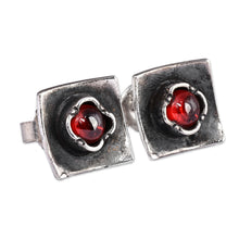 Load image into Gallery viewer, Square Sterling Silver and Natural Garnet Button Earrings - Square Passion | NOVICA