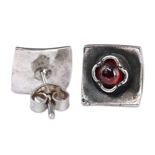 Load image into Gallery viewer, Square Sterling Silver and Natural Garnet Button Earrings - Square Passion | NOVICA