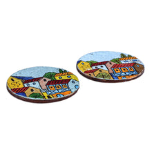 Load image into Gallery viewer, Hand-Painted Colorful Round Recycled Paper Magnets (Pair) - Morning at the Town | NOVICA