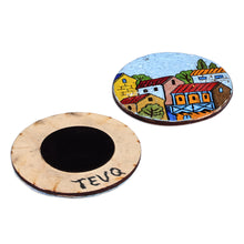 Load image into Gallery viewer, Hand-Painted Colorful Round Recycled Paper Magnets (Pair) - Morning at the Town | NOVICA