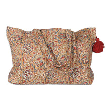 Load image into Gallery viewer, Block-Printed Floral Caramel Quilted Cotton Tote Bag - Weekends Away | NOVICA