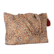 Load image into Gallery viewer, Block-Printed Floral Caramel Quilted Cotton Tote Bag - Weekends Away | NOVICA