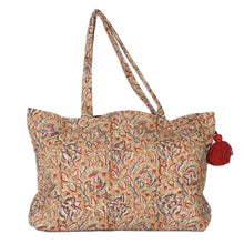 Load image into Gallery viewer, Block-Printed Floral Caramel Quilted Cotton Tote Bag - Weekends Away | NOVICA