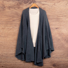Load image into Gallery viewer, Knit Alpaca Blend Ruana with Textured Crochet Finish in Blue - Steel Blue | NOVICA