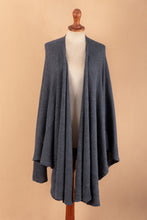 Load image into Gallery viewer, Knit Alpaca Blend Ruana with Textured Crochet Finish in Blue - Steel Blue | NOVICA
