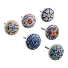 Load image into Gallery viewer, Set of 6 Ceramic Knobs Hand-Painted in Moroccan Tile-Style - Moroccan Fantasy | NOVICA