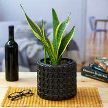 Load image into Gallery viewer, Handcrafted Skull-Patterned Round Black Ceramic Flower Pot - Portal to the Dark Afterlife | NOVICA