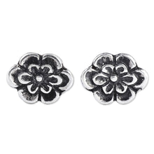 Load image into Gallery viewer, Oxidized and Polished Floral Sterling Silver Button Earrings - Petite Bloom | NOVICA