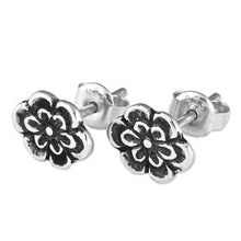 Load image into Gallery viewer, Oxidized and Polished Floral Sterling Silver Button Earrings - Petite Bloom | NOVICA