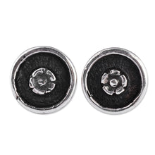 Load image into Gallery viewer, Oxidized Round Floral Sterling Silver Button Earrings - Spring Nucleus | NOVICA