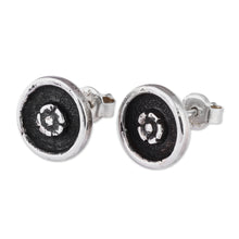 Load image into Gallery viewer, Oxidized Round Floral Sterling Silver Button Earrings - Spring Nucleus | NOVICA