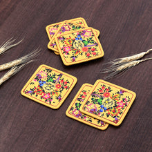 Load image into Gallery viewer, Set of 6 Floral Yellow Wood and Papier Mache Coasters - Blooming Evening | NOVICA