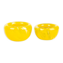 Load image into Gallery viewer, Handblown Patterned Yellow Recycled Glass Bowls (Set of 2) - Flavors in Summer | NOVICA