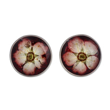 Load image into Gallery viewer, Resin-Coated Meadowsweets Flower Button Earrings in Burgundy - Luxurious Blossom | NOVICA