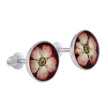 Load image into Gallery viewer, Resin-Coated Meadowsweets Flower Button Earrings in Burgundy - Luxurious Blossom | NOVICA