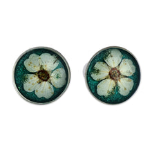 Load image into Gallery viewer, Resin-Coated Meadowsweets Flower Button Earrings in Teal - Oneiric Blossom | NOVICA