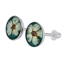 Load image into Gallery viewer, Resin-Coated Meadowsweets Flower Button Earrings in Teal - Oneiric Blossom | NOVICA