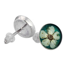 Load image into Gallery viewer, Resin-Coated Meadowsweets Flower Button Earrings in Teal - Oneiric Blossom | NOVICA