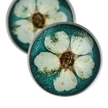 Load image into Gallery viewer, Resin-Coated Meadowsweets Flower Button Earrings in Teal - Oneiric Blossom | NOVICA