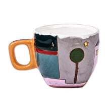 Load image into Gallery viewer, Cityscape-Themed Whimsical Pink and Grey Ceramic Mug - Dreamy Urbanism | NOVICA