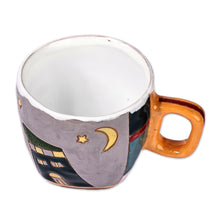 Load image into Gallery viewer, Cityscape-Themed Whimsical Pink and Grey Ceramic Mug - Dreamy Urbanism | NOVICA