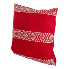 Load image into Gallery viewer, Handwoven Embroidered Poppy and White Cotton Cushion Cover - Mountains and Valleys in Poppy | NOVICA