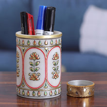 Load image into Gallery viewer, Traditional Floral Golden and Red Marble Pen Holder - Palatial Windows | NOVICA