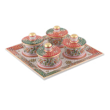 Load image into Gallery viewer, Jaipur Floral Green and Red 5-Piece Marble Tray and Bowl Set - Jaipur Arcadia | NOVICA