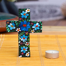Load image into Gallery viewer, Hand-Painted Floral Blue and Green Wood Cross from Mexico - Cyan Prayers | NOVICA
