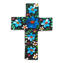 Load image into Gallery viewer, Hand-Painted Floral Blue and Green Wood Cross from Mexico - Cyan Prayers | NOVICA