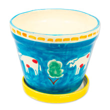 Load image into Gallery viewer, Painted Cow and Tree Blue Ceramic Flower Pot and Saucer - Serene Cows | NOVICA