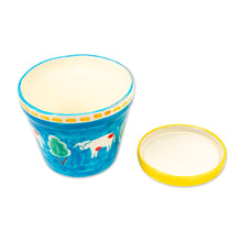 Load image into Gallery viewer, Painted Cow and Tree Blue Ceramic Flower Pot and Saucer - Serene Cows | NOVICA