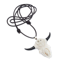Load image into Gallery viewer, Hand-Carved Owl and Cow Skull-Themed Men's Pendant Necklace - Owl at Home | NOVICA