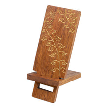 Load image into Gallery viewer, Hand-Carved and Painted Wood Phone Stand with Floral Motif - Glitter Flower | NOVICA