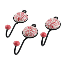 Load image into Gallery viewer, Set of Three Floral Red Ceramic and Brass Coat Hooks - Floral Muse in Red | NOVICA