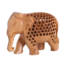 Load image into Gallery viewer, Hand-Carved Jali-Inspired Kadam Wood Elephant Sculpture - Regal Giant | NOVICA