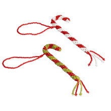 Load image into Gallery viewer, Pair of Glass Beaded Candy Cane-Themed Christmas Ornaments - Candy Cane Duo | NOVICA
